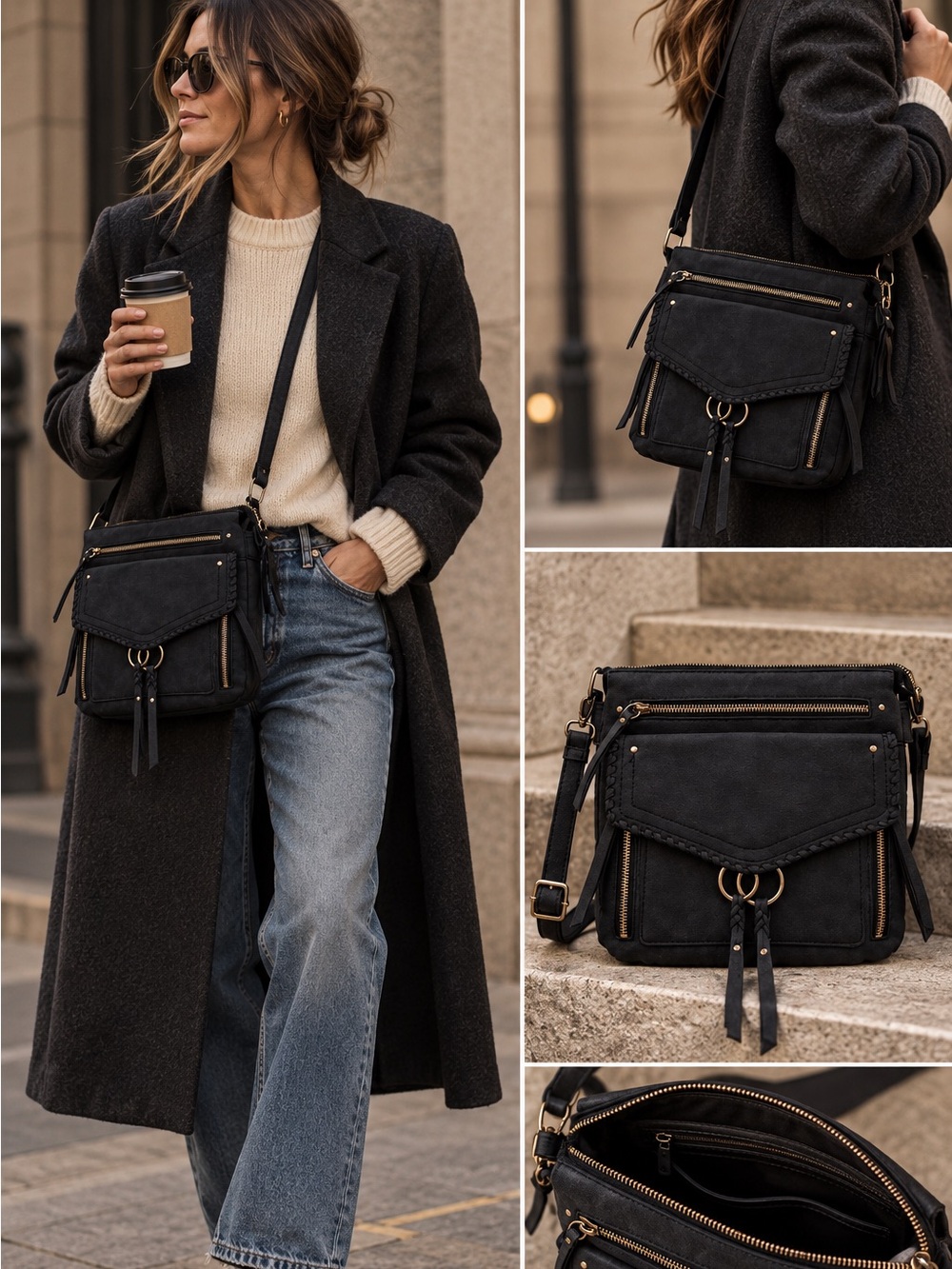 Black Faux Suede Crossbody Bag Boho Western Moto Zip Whipstitch